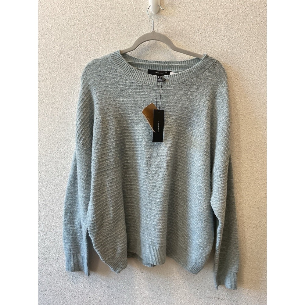 VERO MODA Women's XXL Smoke Blue Melange Ribbed Knit Crewneck Sweater